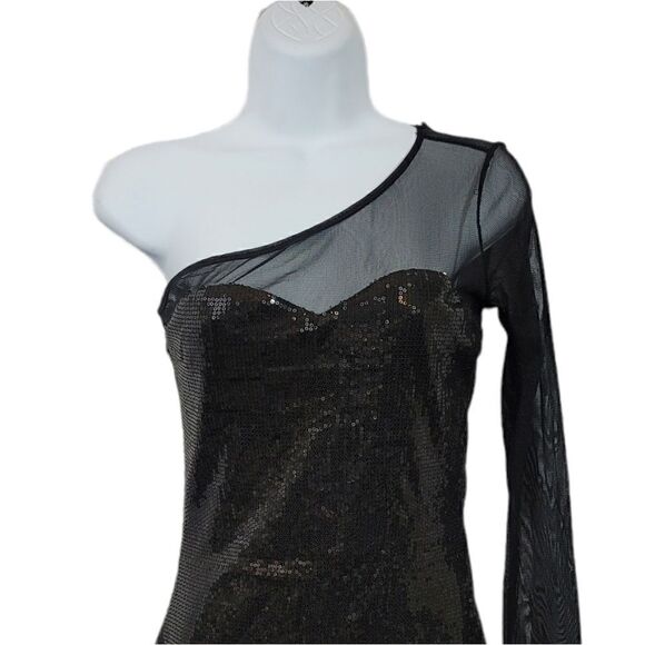 Forever 21 Sheer Mesh One Shoulder Sequin Little Black Dress Size Small - Picture 3 of 8